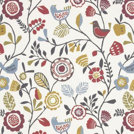 Folki Curtain Fabric in Indigo Cranberry