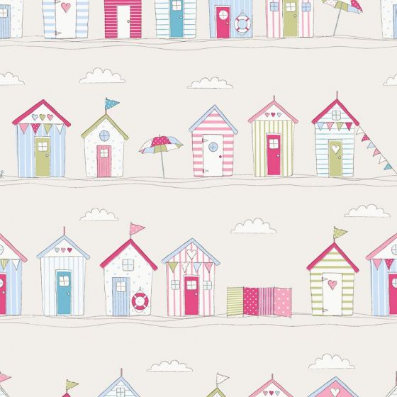 Beach Huts Curtain Fabric in Pink