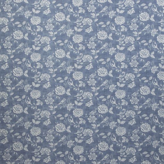 Bird Garden Print Curtain Fabric in Denim