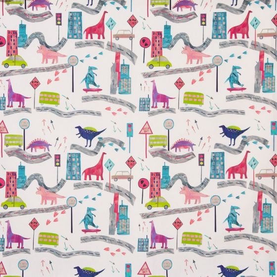 Dino City Curtain Fabric in Rainbow