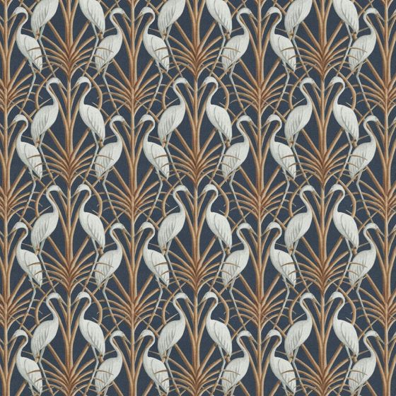 Nouveau Heron Curtain Fabric in Navy