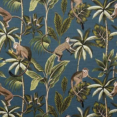 Monkey Curtain Fabric in Teal